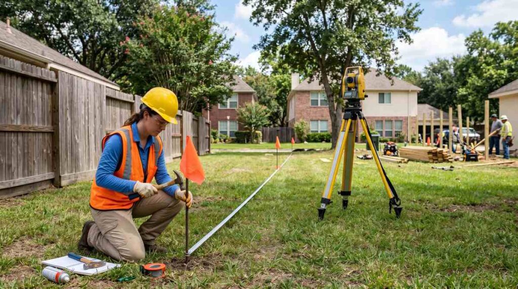 Property line survey stakes with orange flags at a Houston Texas residential lot