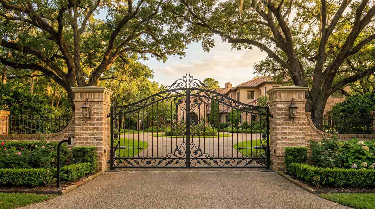 Ornamental wrought iron driveway gate at a Houston Texas estate home with brick columns