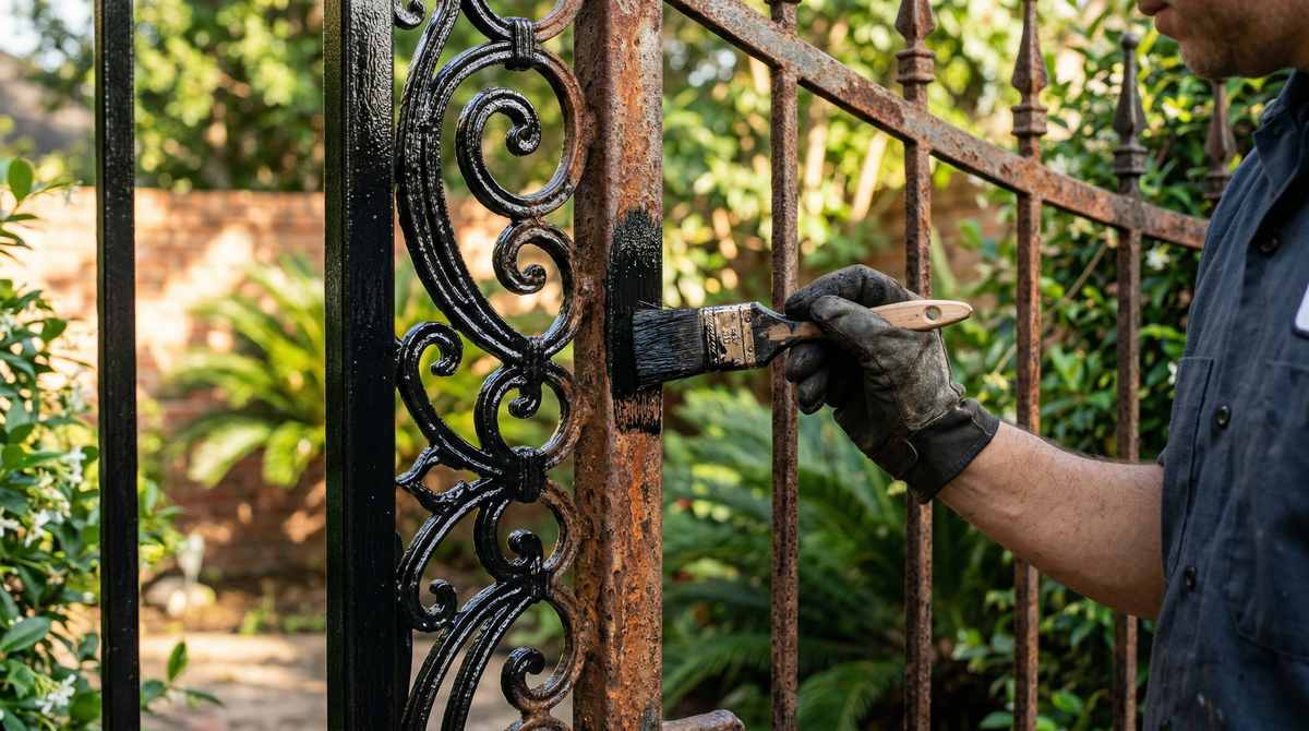 Applying rust prevention paint to a wrought iron gate in Houston Texas