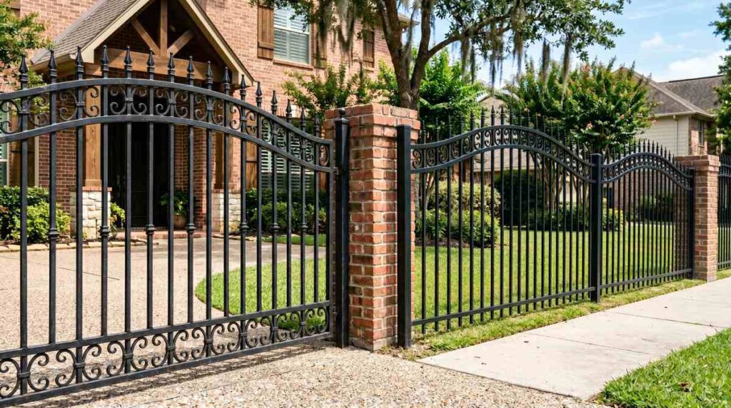 Wrought iron fence compared to aluminum fence at a Houston Texas home