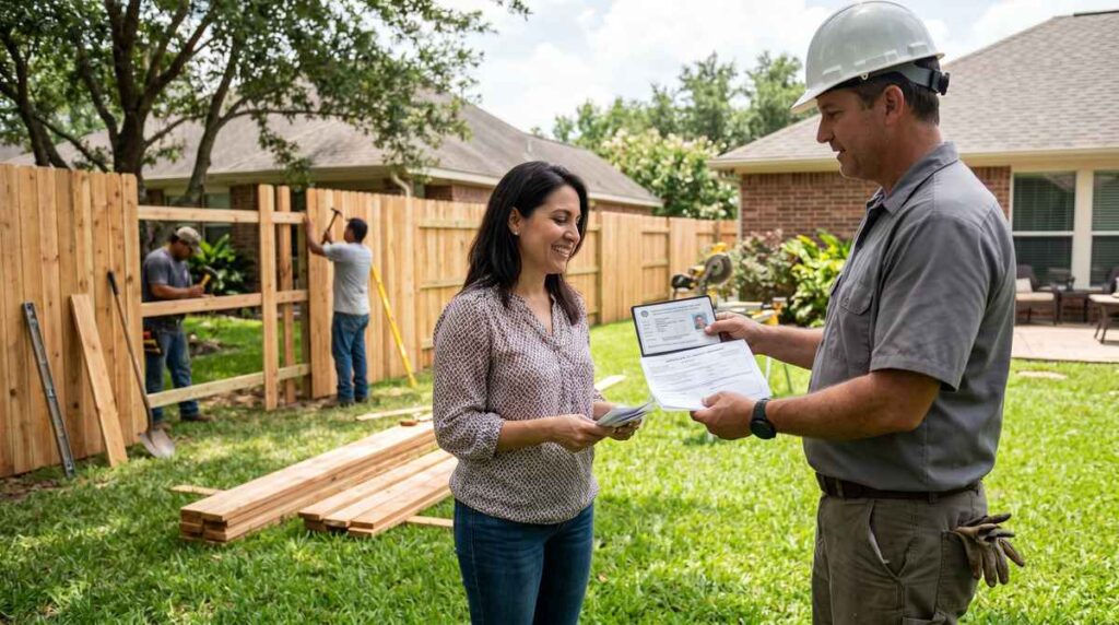 Licensed fence contractor consulting with homeowner at a Houston Texas property