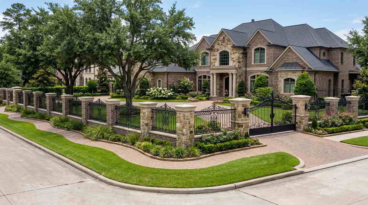 Masonry brick and stone fence wall with iron accents at a Houston Texas luxury home