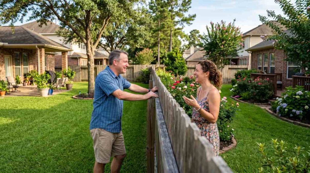 Two neighbors talking over a shared fence in a Houston Texas suburban backyard