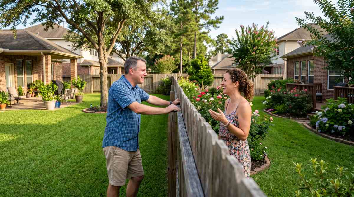 Two neighbors talking over a shared fence in a Houston Texas suburban backyard