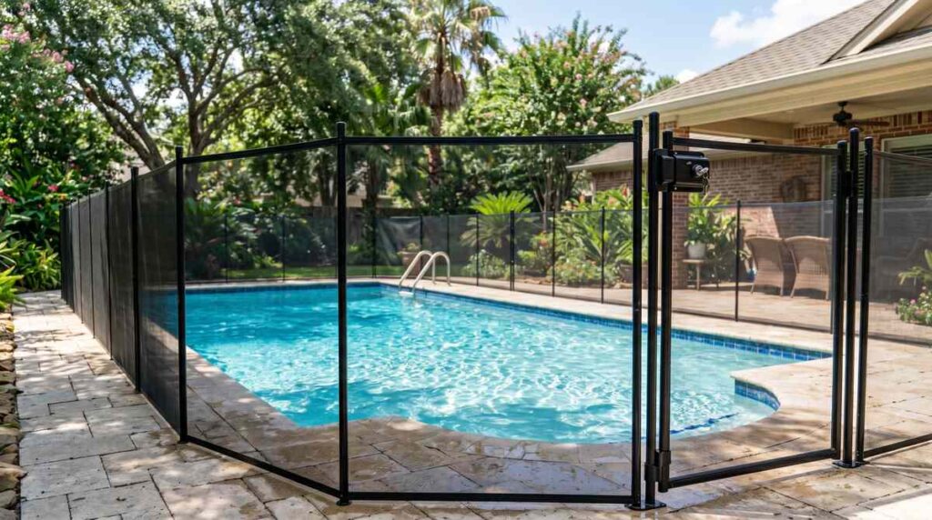 Pool safety fence with child-proof gate around a Houston Texas backyard swimming pool