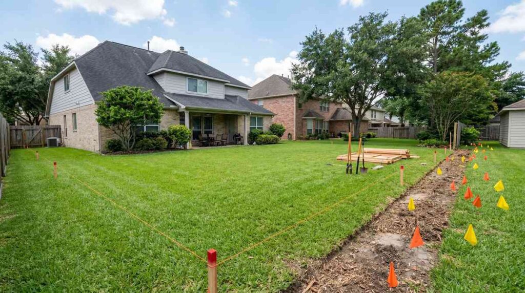 Houston Texas residential backyard prepared for fence installation with property line string and utility flags