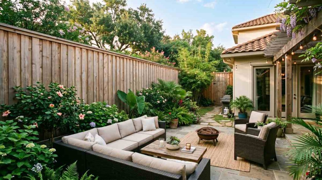 Cedar board-on-board privacy fence enclosing a Houston Texas backyard patio