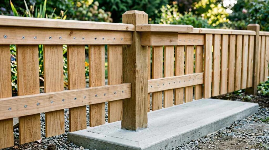 Close-up of quality fence construction craftsmanship showing precise post and rail connections