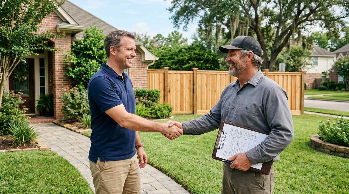 Homeowner shaking hands with wood fence contractor in Houston Texas front yard
