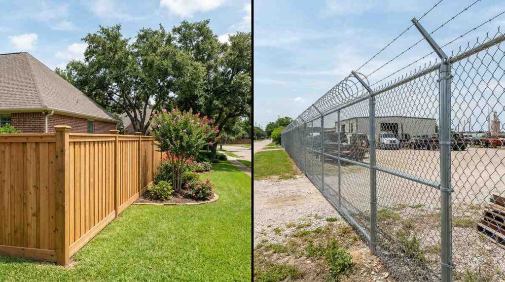 Comparison of residential wood privacy fence and commercial chain link security fence in Houston Texas