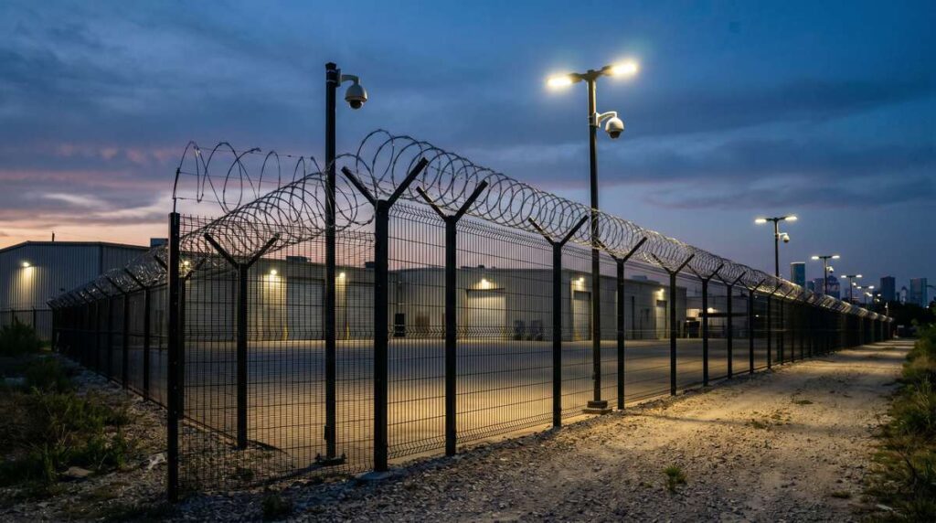 High security perimeter fence with cameras and lights at a Houston Texas facility