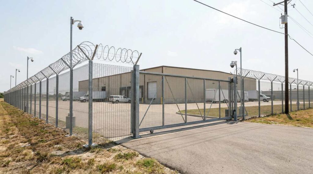 High security fence with anti-climb mesh and cameras at a Houston Texas warehouse