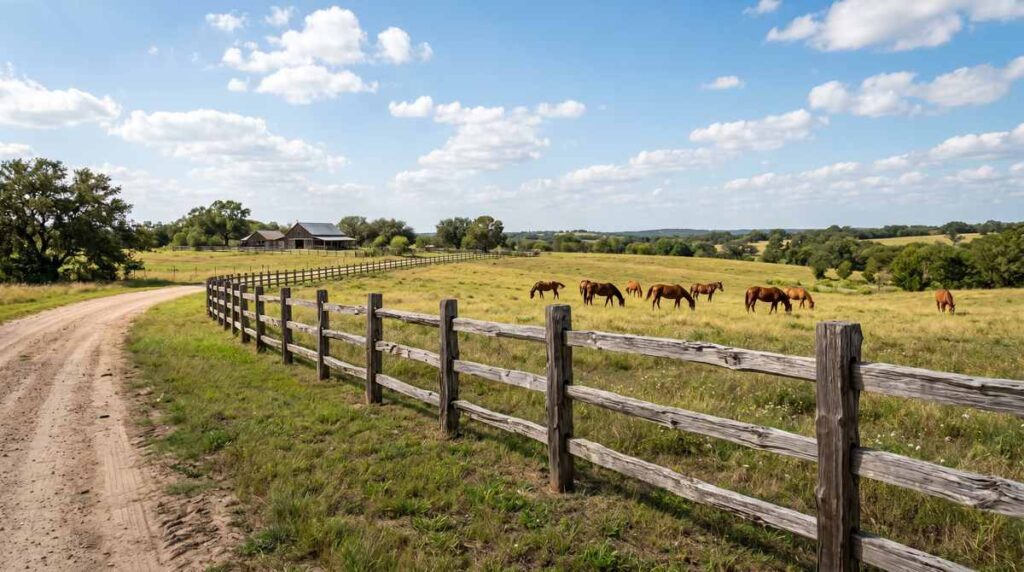 Rustic split rail fence along a large rural Houston Texas ranch property