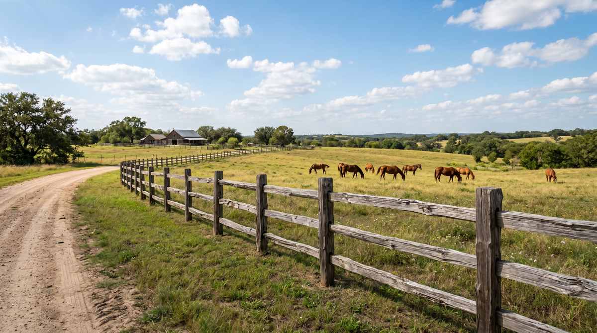 Rustic split rail fence along a large rural Houston Texas ranch property