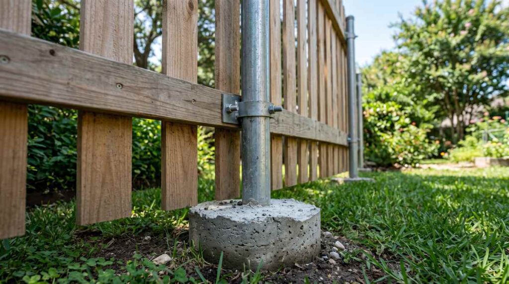 Wood fence with steel post and concrete footing in Houston Texas