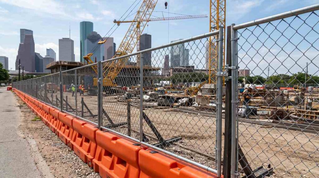 Temporary chain link fence panels at a Houston Texas construction site
