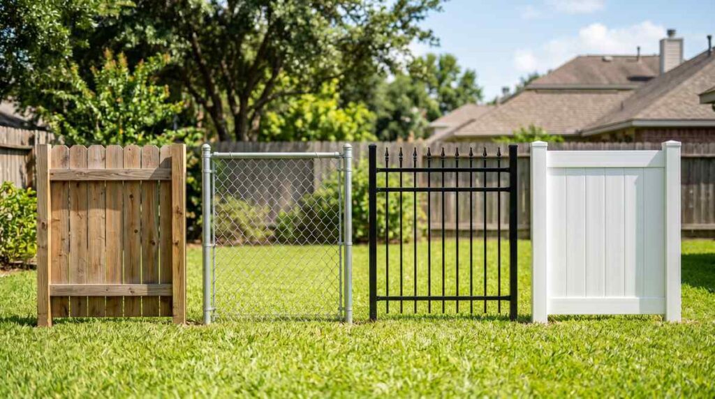 Comparison of fence materials including cedar wood, chain link, iron, and vinyl panels in Houston Texas