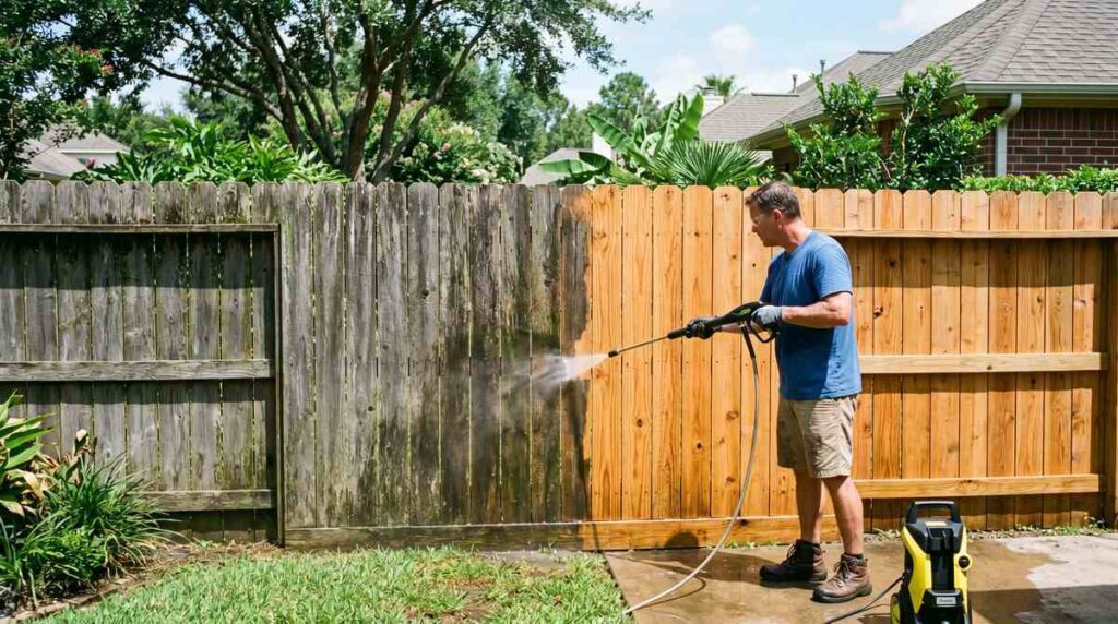 Homeowner power washing a wood privacy fence in Houston Texas