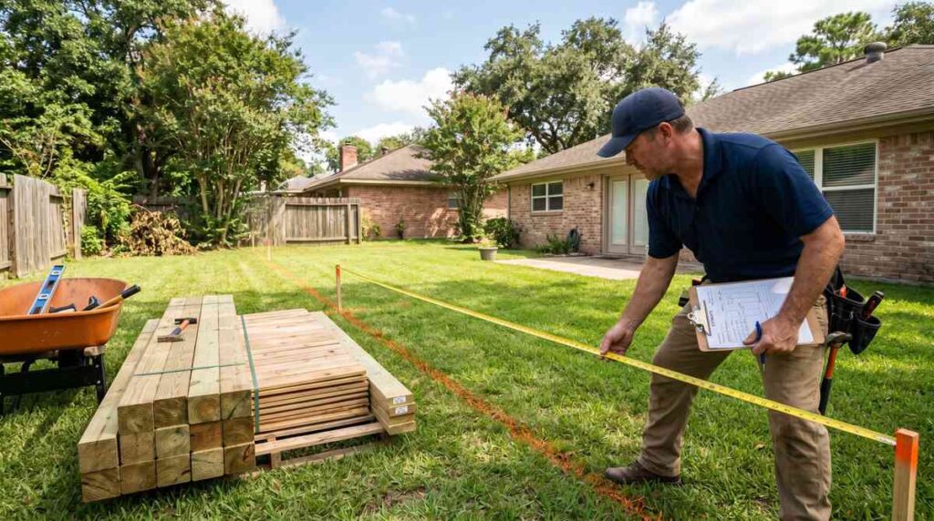 Fence contractor measuring property line for a wood fence quote in Houston Texas