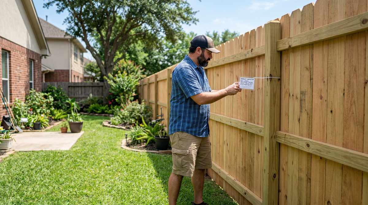 New wood privacy fence with warranty inspection in a Houston Texas backyard