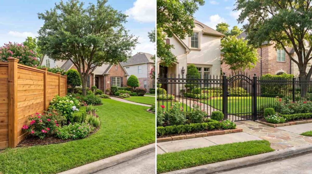 Wood privacy fence compared to ornamental iron fence in Houston Texas front yards