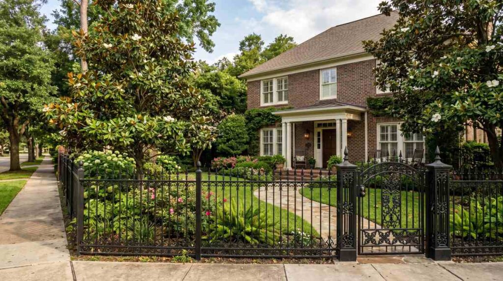Wrought iron fence with spear-top finials at a classic Houston Texas brick home